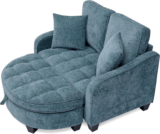 ERYE Chenille Tufted Loveseat Sofa and Ottoman Set, Tufted Recliner Sleeper Chaise Lounge with Curved Storage Ottoman,Reclining Backrest and Side Pockets, 4 Pillows