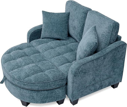 ERYE Chenille Tufted Loveseat Sofa and Ottoman Set, Tufted Recliner Sleeper Chaise Lounge with Curved Storage Ottoman,Reclining Backrest and Side Pockets, 4 Pillows