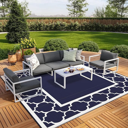 GENIMO 10 ' x 10 ' Outdoor Rug Waterproof for Patio Decor, Foldable Reversible Plastic Straw Area Rugs Mat for Camper, Outside Carpet for Rv, Deck, Porch, Picnic, Beach, Balcony, Blue & White