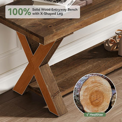 43.3" Solid Wood Bench, Farmhouse Wooden Entryway Bench with Storage Shelf, X-Shaped Leg Design, Entry Way Shoe Benches Seat for Hallway, Kitchen, Bedroom, Living Room