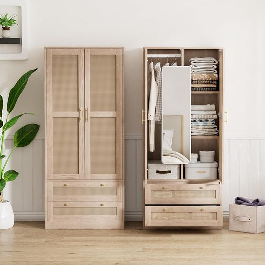 72" Tall Wardrobe Armoire Closet with Mirror, Rattan Armoire Storage Cabinet with 2 Doors and Hanging Rod, Wooden Wardrobe Closet Storage with 2 Larger Drawers and Shelves for Bedroom, Cloak Room