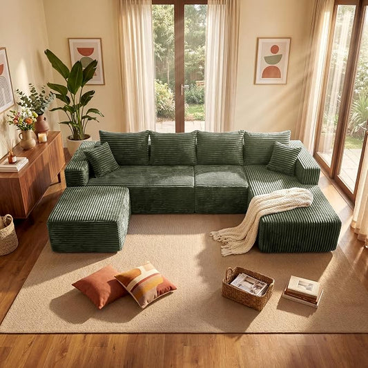 Boneless Couches Sectional Sofa, Compressed Sofa in a Box, U-Shaped Cloud Couch with Deep Seats & Chaise for Living Room, No Assembly Required (Green, 118" U-Shape with Right Facing Chiase)