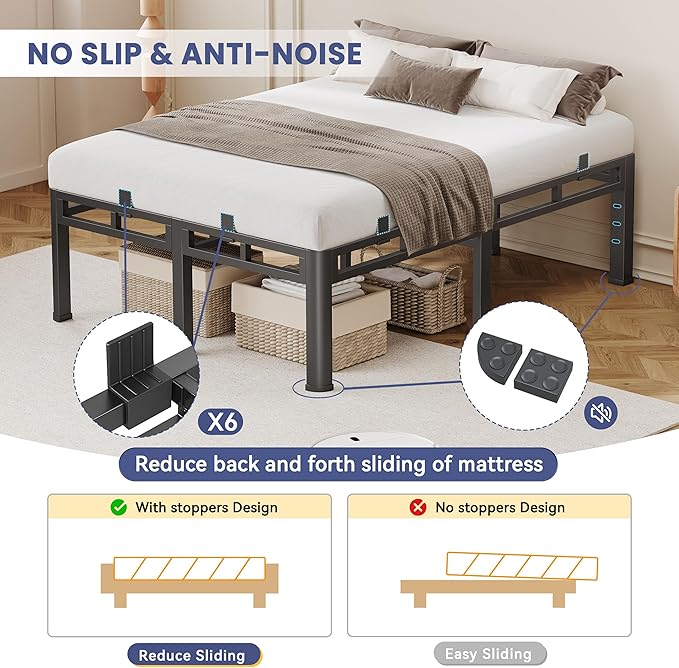 22 Inch King Bed Frame, Double Layer Heavy Duty Metal Platform 4000 lbs Capacity, Bed Frames with Headboard Holes, Round Corner Legs, Mattress Slide Stopper, Easy Assembly