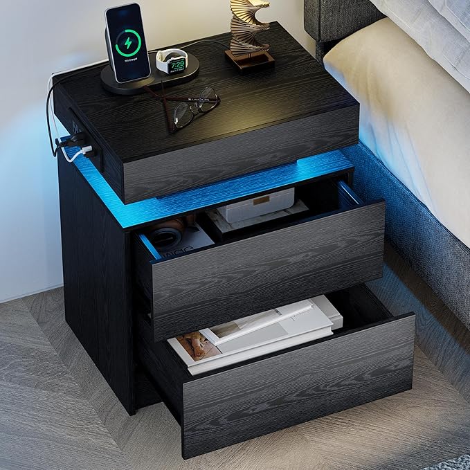 LIKIMIO Nightstand with Charging Station LED Light and 2 Drawers Black | bedside table; end table; charging station; LED light; 2 drawers; black wood grain; small spaces