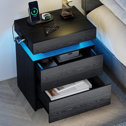 LIKIMIO Nightstand with Charging Station LED Light and 2 Drawers Black | bedside table; end table; charging station; LED light; 2 drawers; black wood grain; small spaces