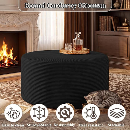 BSHOMGI Round Coffee Table Ottoman for Corduroy Cloud Sectional Couches in a Box Memory Foam Compressed Pouf Footstool Rest for Living Room, Bedroom, Makeup Room No Assembly Require(Black, 27.6")