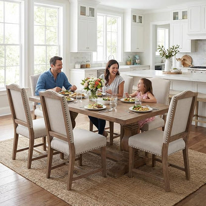 ROCITY Linen Dining Chairs Set of 4 Beige Upholstered Dining Room Chairs Farmhouse Kitchen Side Chairs with Wooden Legs&Nailhead Trim