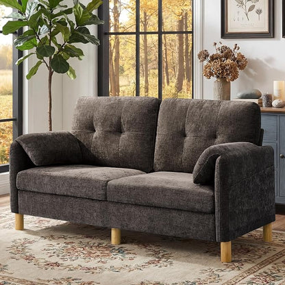 65" Loveseat Sofa, Mid Century Loveseat Couch for Living Room with Storage Pockets, Upholstered Small Loveseat for Small Spaces, Bedroom, Home Office, Apartments, Small Sofa Chenille Brown