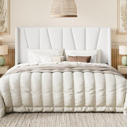 SHA CERLIN King Size Velvet Bed Frame with Geometric Wingback Headboard, Upholstered Platform Bed with Wooden Slats Support, 8" Under-Bed Space, No Box Spring Needed, Easy Assembly, White