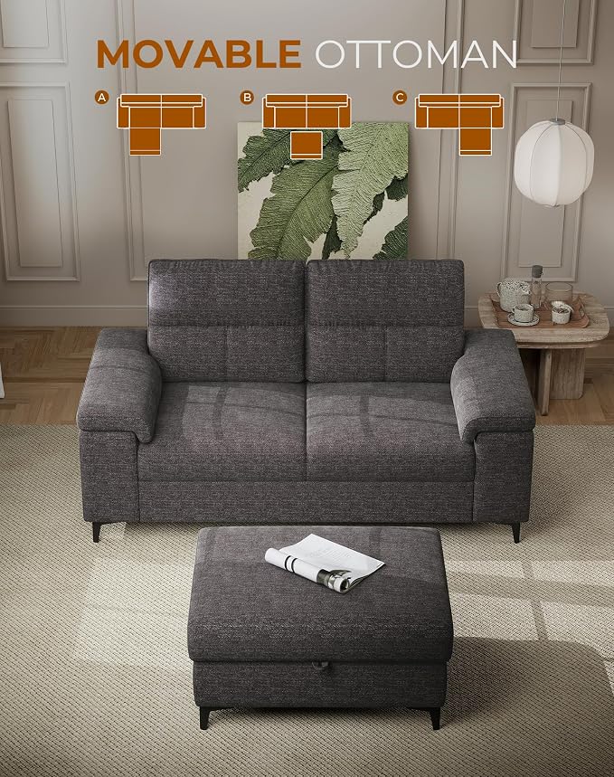 71.25" L Shaped Sectional Couches for Living Room, Deep Seat Sofa with Storage Ottoman & 8”Cushion, Comfy 2-Seater Chenille Loveseat, Convertible Armrest, Removable Cover for Small Space(Dark Gray)