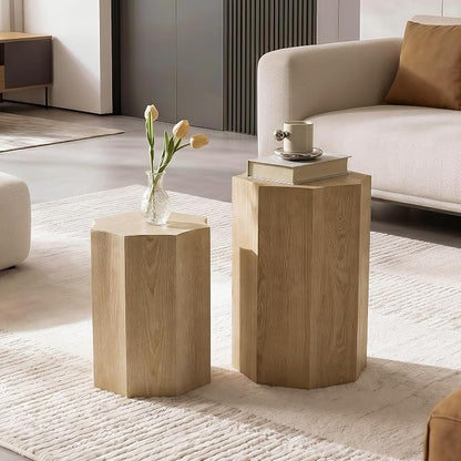 Nesting Coffee Table Set of 2,Modern Nesting Tables for Living Room,Octagonal End Table and Side Table Set,Wooden Center Table for Small Spaces,Plant Stand for Balcony,Fully Assembly,Natural Finish.