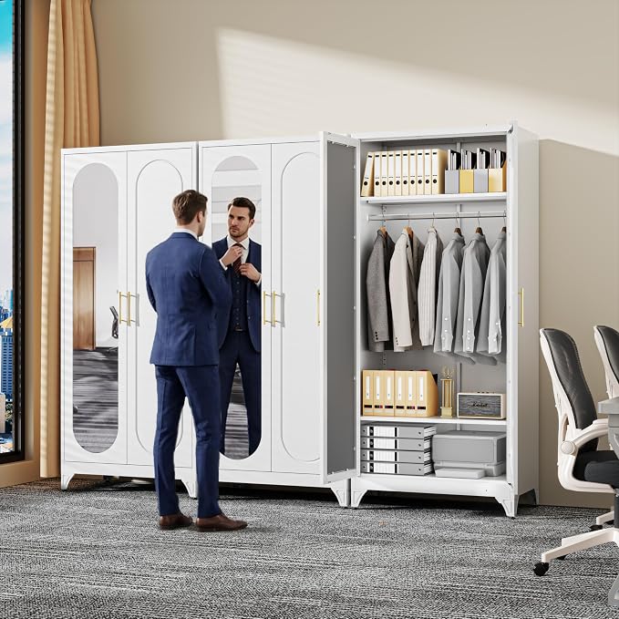 71" Arched Metal Wardrobe Closet with Full-Length Mirror, French Elegance Steel Armoire Clothes Storage Cabinet with Hanging Rod & Adjustable Shelves for Bedroom Home Office, 18" Deep White