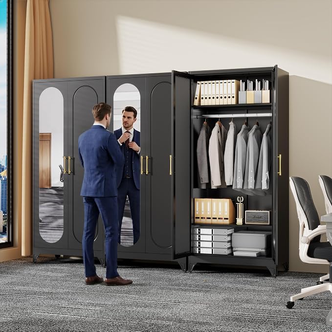 71" Arched Black Metal Wardrobe Closet with Full-Length Mirror, French Elegance Steel Armoire Clothes Storage Cabinet with Hanging Rod & Adjustable Shelves for Bedroom Home Office, 18" Deep