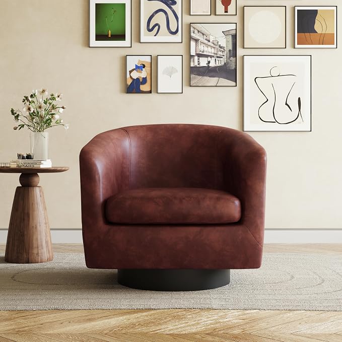 360° Swivel Barrel Accent Chair Armchair, PU Leather Round Club Arm Chair for Lving Room, Modern Upholstered Small Bedroom Single Sofa Seat - Red Brown, Set of 2