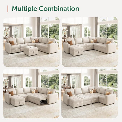 HONBAY Sectional Sleeper Sofa Couch with Pull Out Bed, Convertible L Shaped Couch with Storage, Sleeper Sectional Sofa Bed for Living Room, Beige