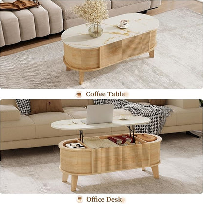 LYNCOHOME 43.3" Fluted Lift Top Coffee Table with Storage, White Faux Marble Top Center Table, Modern Oval Coffee Table for Living Room or Home Office（Elegant Light Oak, Natural）