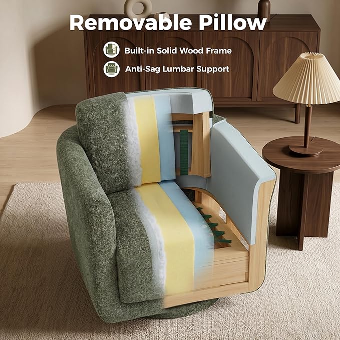 Swivel Accent Chair, 360° Barrel Chair with Solid Wood Frame & Removable Ergonomic Support Back Cushion, Fully Assembled Chenille Armchair for Living Room & Bedroom, Forest Green