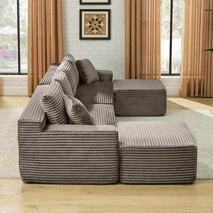 115" U-Shaped Cloud Sectional Couch, Modular Compressed Boneless Sectional Sofa W/Reversible Ottoman Chaise Lounge, Plush Corduroy Boneless Symmetrical Sofa for Living Room