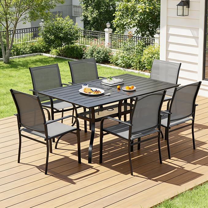 SUNCROWN 7 Pieces Outdoor Dining Set, Patio Furniture Set with 6 x Textilene Dinning Chairs and 1 Steel Slat Metal Bistro Table for Garden Lawn Backyard Deck (Grey)