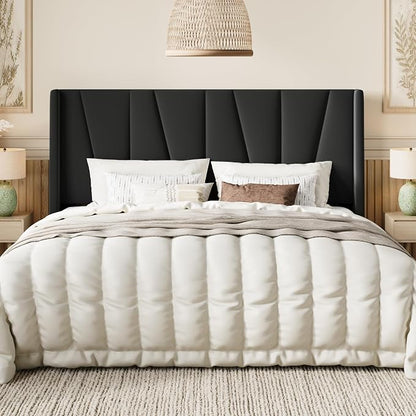 SHA CERLIN King Size Velvet Bed Frame with Geometric Wingback Headboard, Upholstered Platform Bed with Wooden Slats Support, 8" Under-Bed Space, No Box Spring Needed, Easy Assembly, Black