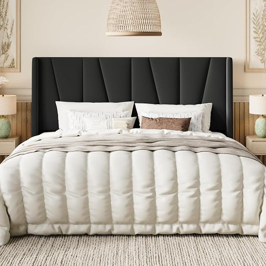 SHA CERLIN King Size Velvet Bed Frame with Geometric Wingback Headboard, Upholstered Platform Bed with Wooden Slats Support, 8" Under-Bed Space, No Box Spring Needed, Easy Assembly, Black