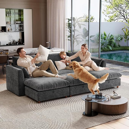 Ihanherry 117" Oversized Modular Sectional Sofa, Modern Cloud Couch with 3 Storage Ottoman, 6-Seat Comfy Chenille Deep Seat Sofa with 2 Pillows for Living Room, Grey