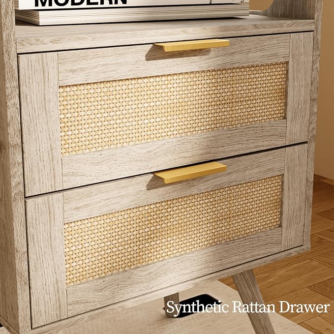 JOONEE Rattan Nightstand,Farmhouse Bedside Table with 2 Storage Drawer and Open Wood Shelf, for Bedroom and Small Spaces,Night Stand with Solid Wood Legs (Grey Oak)