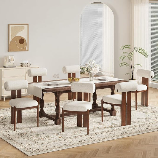 MALOL Modern Wooden Dining Chairs Set of 6, Upholstered Fabric Kitchen Chairs with Sculptural Backrest, Mid-Century Farmhouse Dining Room Chairs with Solid Wood Legs, Beige
