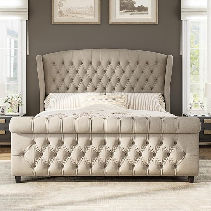 AMERLIFE King Size Platform Bed Frame, Linen Upholstered Sleigh Bed with Scroll Wingback Headboard & Footboard/Button Tufted/No Box Spring Required/Khaki