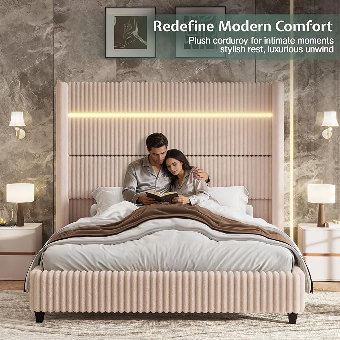 Jocisland Cal King Bed Frame Faux-Fur Upholstered 60" Tall Headboard, Beige | Wingback Headboard, LED lights, USB Charging, Noise-free, No box spring needed, easy assembly, for Tall People