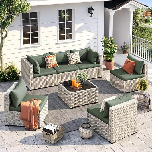 UDPATIO Outdoor Patio Furniture Set, 7 Pcs PE Wicker Sectional Sofa with Tea Table, Outdoor Conversation Set for Patio, Garden, Backyard (Green Cushions with Light Grey Rattan)