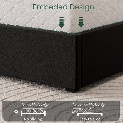 LARMACE King Size Bed Frame with 4 Storage Drawers and Wingback Headboard Velvet Upholstered Platform Bed Frame with Wooden Slats, Easy Assembly, Black