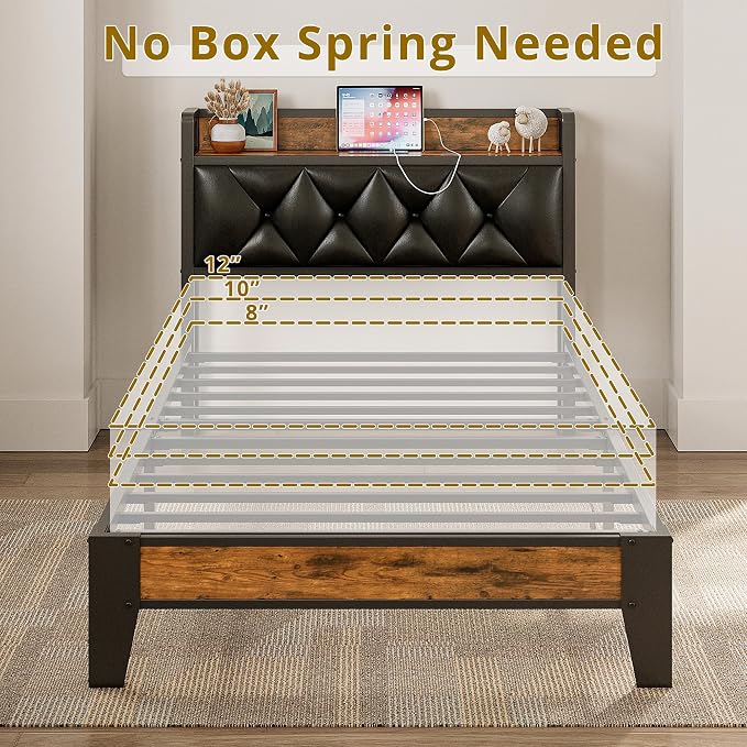 ANCTOR Twin XL Bed Frames, Storage Headboard with Outlets, Easy to Install, Sturdy and Stable, No Noise, No Box Springs Needed, Rustic Brown and Black