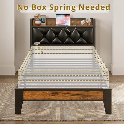 ANCTOR Twin XL Bed Frames, Storage Headboard with Outlets, Easy to Install, Sturdy and Stable, No Noise, No Box Springs Needed, Rustic Brown and Black
