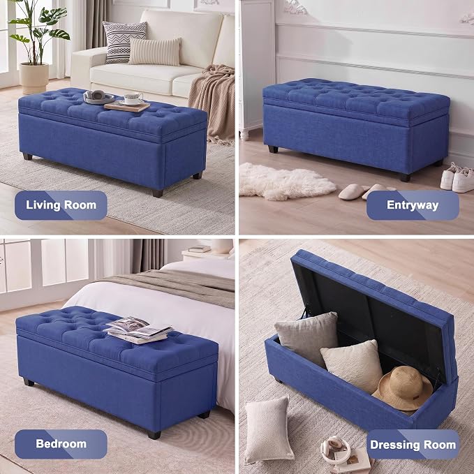 Mangodan Storage Ottoman Bench, Tufted Ottoman with Storage for Living Room, Large End of Bed Ottomans, Modern Entryway Benchs (Blue, 43 Inch)