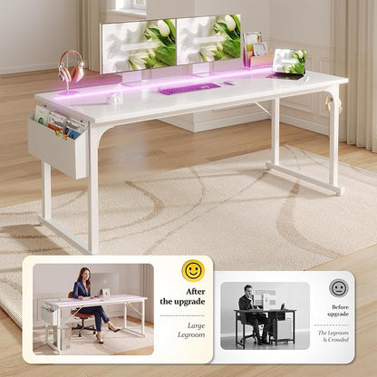 DurayLoly 55 Inch White Computer Desk with LED Lights, Office Desk with Storage Bag for Home Office, Gaming Desk with Headphone Hook for Study Writing Work Desk,Sturdy Metal Frame