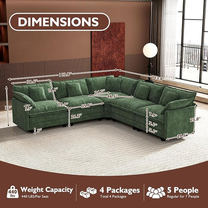 Ihanherry 114" V-Shaped Modern Sofa Modular Sectional Cloud Couch with Corner Section, 5-Seat Chenille Deep Seat Sofa with 5 Pillows for Living Room, Bedroom and Apartment, Green