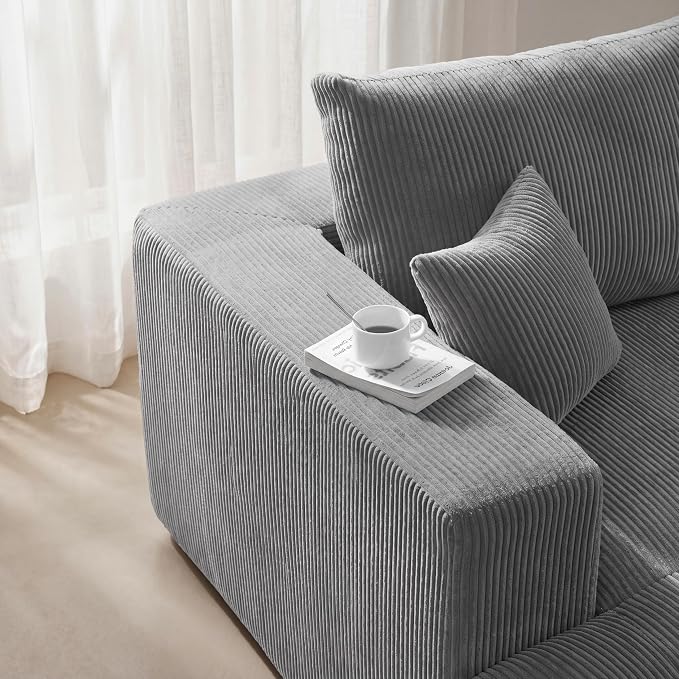 Living&Giving 115" Modular Cloud Boneless Couch, L-Shaped Sectional Sofa with Ottoman, Premium Corduroy Floor Couch, High-Density Foam & Firm Back Support for Living Room Apartment, Grey | Boneless Couch