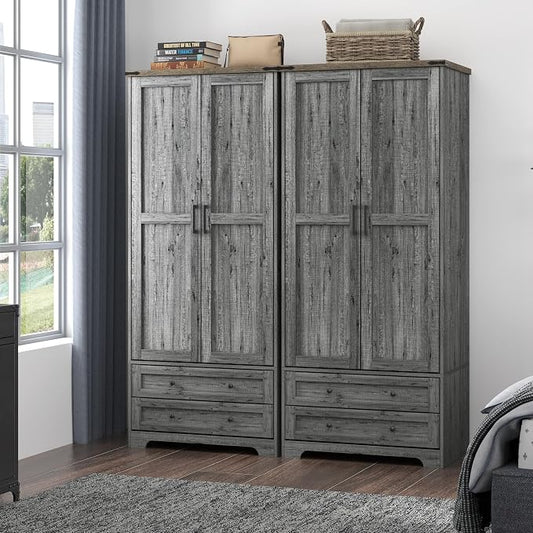Yechen 71" Wooden Armoire Wardrobe Closet Set of 2- Modern Functional Clothes Tall Storage Cabinet with Adjustable Shelf and Hanging Rail, Sturdy Freestanding Closet with 2 Wide Drawers (Grey)