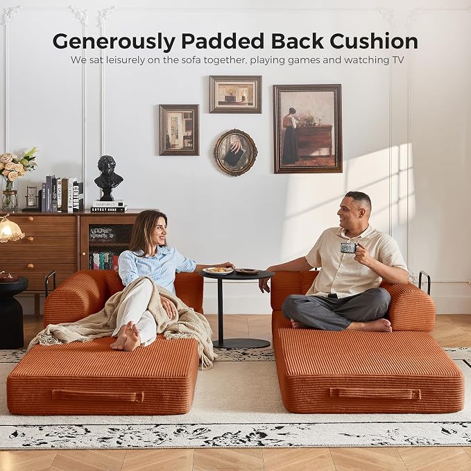 79" 5-in-1 Convertible Sofa Bed No Assembly, Boneless Couch Bed with High Density Foam, Foldable Sleeper Sofa, Corduroy Modular Couch for Apartment, Studio, Dorm Room, Small Space, Orange