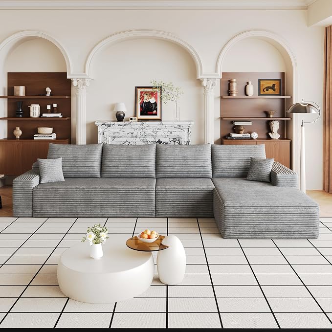 Eafurn 135" Oversized L-Shaped Boneless Sectional Sofa Couch with Chaise, Fluffy Corduroy Modular Couch with Deep Seat,Flexible Combination Corner Sofa & Couch for Living Room, No Assembly