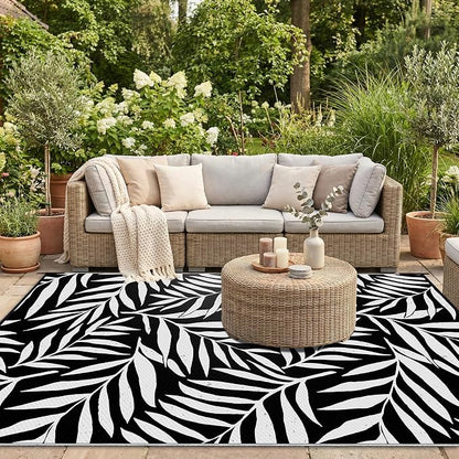 Smiry Outdoor Rug 9x12 ft, Waterproof Reversible Plastic Straw Rugs, Outdoor Area Rug with Leaf Pattern, Outside Floor Mat for Patio, Backyard, Deck, Picnic, Beach, Camping, Black & White
