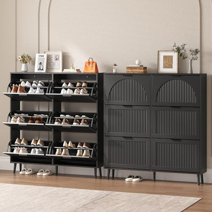 BORNOON Shoe Cabinet for Entryway with 6 Flip Drawers, Slim Wooden Shoe Storage Organizer with Modern Fluted Pannel，Freestanding Narrow Hidden Shoe Rack for Hallway, Foyer, Living Room