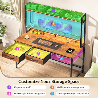 DurayLoly 47.2" Computer Desk with Hutch& Drawers,Desk for Bedroom | Eye-protective Soft LED Teen Study Desk Built-in USB Port for Desk Lamps Monitor Stand, Protect Neck & Spine