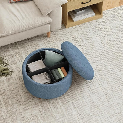 25Inch Round Ottoman with Storage, Tufted Fabric Modern Circle Ottoman with Reversible Tray Lid and Wood Legs, Multi-Functional Small Coffee Table for Living Room, Bedroom, Blue