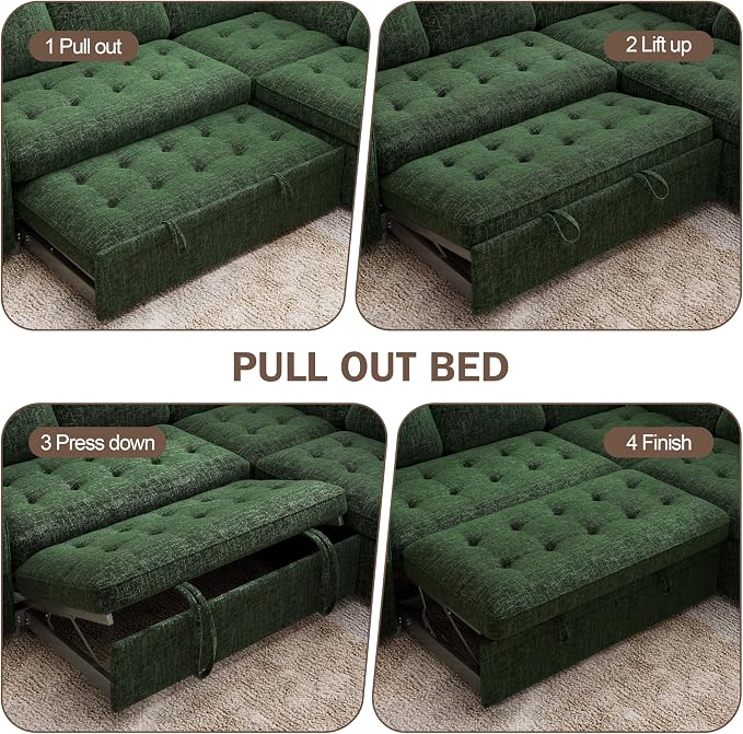 Sunny Heart Modular Sectional Sleeper Sofa with Pull Out Bed, Chenille L Shaped Sectional Sofa with USB Ports/Adjustable Backrest/Storage Seats, Tool-Free Assembly, Couches for Living Room Green