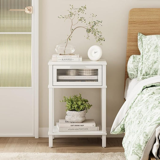 Nightstand Wooden Bedside Table with Drawer White Night Stands Modern Style Small End Table Side Table with Storage Shelf for Bedroom Living Room MLBZ10W