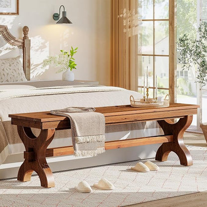 Solid Wood Entryway Bench, 55-Inch Farmhouse Indoor Bench, Narrow Hallway Seat for Living Room, Bedroom (2, Brown)