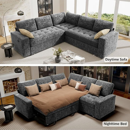 Vipbear 5 Seat L Shaped Modular Sectional Sleeper Sofa Bed with Pull Out Bed/Reclining Backrest/USB Ports/Storage Seat, Sectional Sleeper Couch, Tool-Free Assembly, Chenille Dark Grey