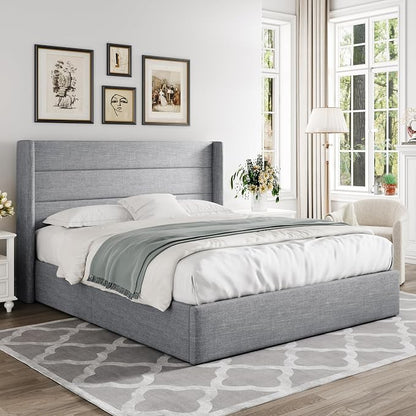 Allewie Full Size Lift Up Storage Bed, Modern Wingback Headboard, Hydraulic Support, No Box Spring Needed, Light Grey